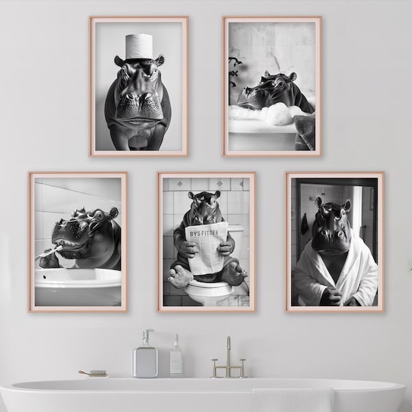 Stampe artistiche divertenti di ippopotami per il bagno: set di foto di animali retrò (download digitale)