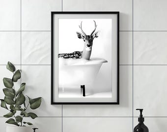 Deer in Bathtub Print: Funny Animal Bathroom Wall Art (Digital Download)