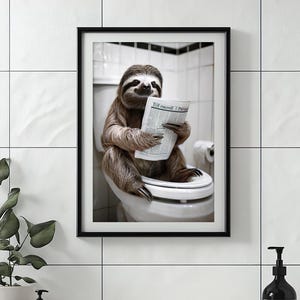 Funny Sloth Bathroom Wall Art, Sloth on Toilet Reading Newspaper, Laundry Room Decor, Toilet Humor, Quirky Animal Print, Printable AI Art