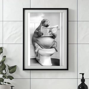 Walrus Sitting on the Toilet Reading a Newspaper, Funny Bathroom Wall Art, Retro Animals, Toilet Humor Print, Cute Walrus, Printable AI Art