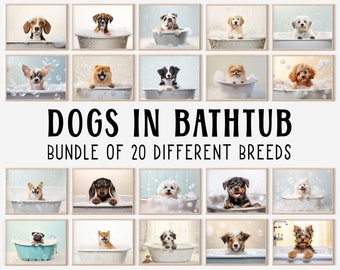 Dog Pups in Bathtub, Bundle of 20, Dogs in Bubble Bath, Funny Animal Prints, Bathroom Wall Art, Cute Dog Photos, Printables, AI Digital Art