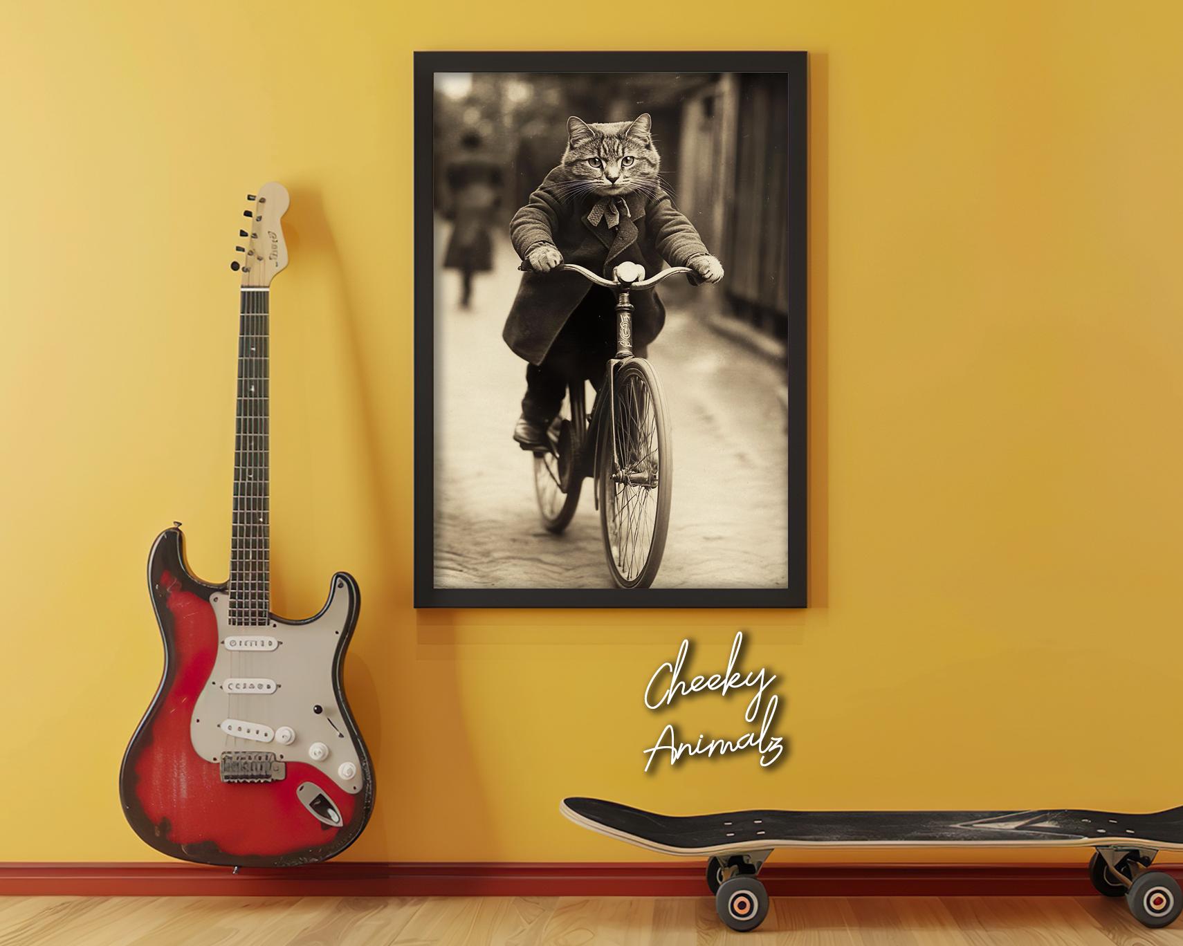 自転車に乗った猫のアートプリント：面白いヴィンテージスタイルの動物