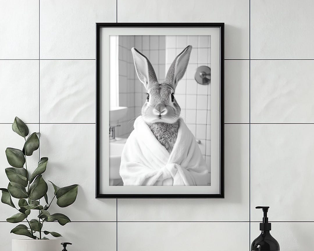 Bunny Wearing a Bathrobe, Funny Bathroom Wall Art, Cute Laundry Room ...