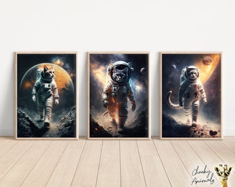 Astronaut Cats, Bundle of 3, Futuristic Animal Wall Art, Cat in Spacesuit, Funny Cat Art, Quirky Animal Humor, Printables, AI Created