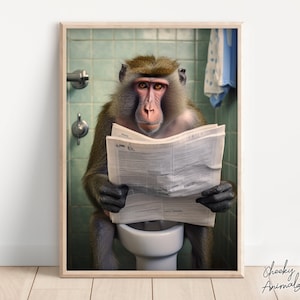 Mandrill Monkey Sitting on the Toilet Reading a Newspaper, Funny Bathroom Wall Art, Funny Monkey Print, Animal Photos, Printables, AI Art