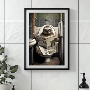 Sloth Sitting on the Toilet Reading a Newspaper, Funny Bathroom Humor, Wall Decor, Funny Animal Print, Home Printables, AI Digital Prints