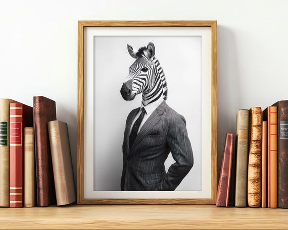 Zebra in Suit Print: Funny Animal Office Wall Art (digital