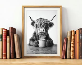 Highland Cow Drinking Coffee & Wearing Glasses, Funny Kitchen Wall Art, Vintage Style Art, Coffee Shop Decor, Coffee Lover, Printable AI Art