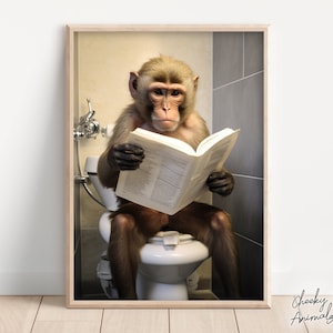 Capuchin Monkey Sitting on the Toilet Reading a Newspaper, Funny Bathroom Wall Art, Funny Monkey Print, Animal Photo, Printables, AI Art
