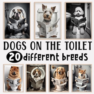 Hund sitzt auf der Toilette und liest Zeitung, 20er Set, lustige Badezimmer Wandkunst, Tier Humor Drucke, Hunde Wandkunst, druckbare AI Art