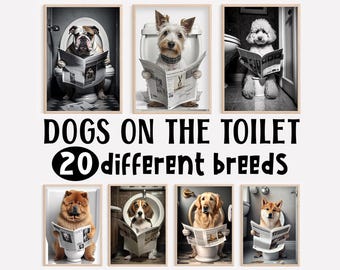 Funny Dog Bathroom Wall Art Prints: Dogs Reading Newspaper on Toilet (Digital Download)
