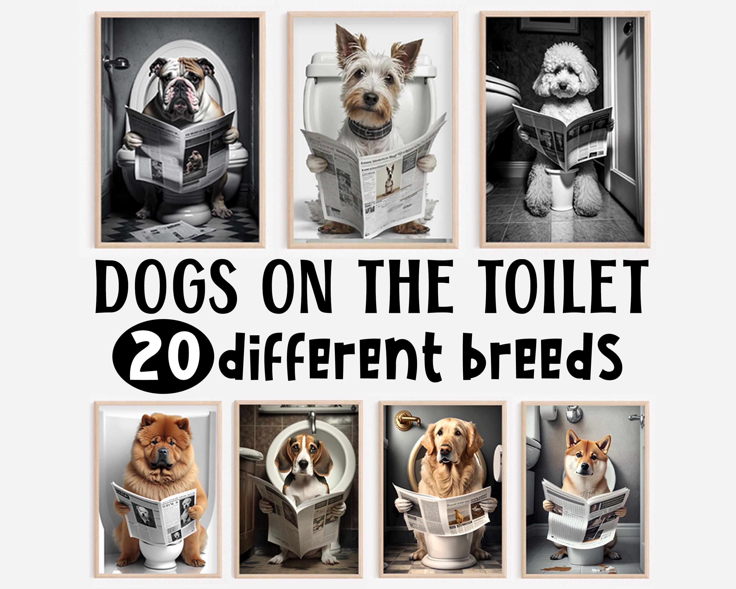 Grappige muurkunstafdrukken badkamer badkamer: honden lezen krant op toilet  (digitale download) - Etsy België, image size:3000x2400