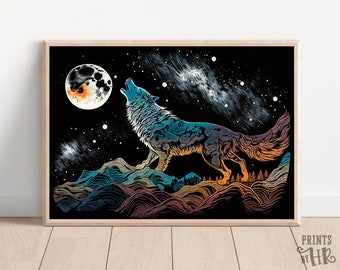 Wolf Howling at Moon Art Print: Stylish Animal Wall Decor (Digital Art)