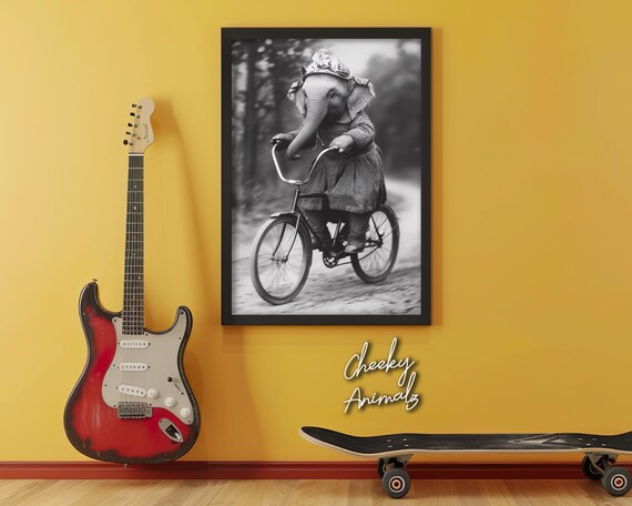 Elephant on Bicycle Print: Funny Animal Photo, Retro Nursery Art