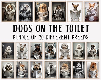 Dogs Sitting on the Toilet Reading a Newspaper, Bundle of 20, Funny Bathroom Wall Art, Animal Humor Prints, Dog Printables, AI Created Photo