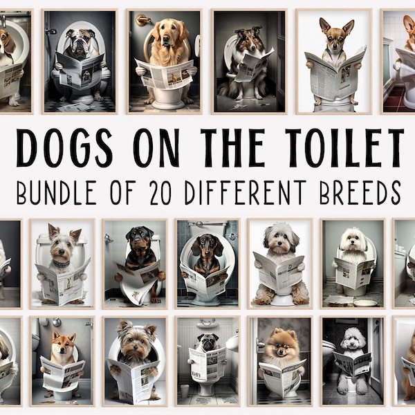 Dogs Sitting on the Toilet Reading a Newspaper, Bundle of 20, Funny Bathroom Wall Art, Animal Humor Prints, Dog Printables, AI Created Photo