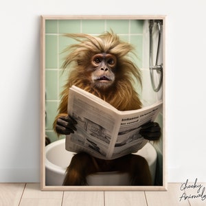 Tamarin Monkey Sitting on the Toilet Reading a Newspaper, Funny Bathroom Wall Art, Funny Monkey Print, Animal Photo, Printables, AI Art