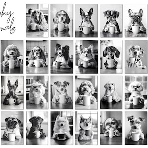 May include: A collage of 25 black and white photos of dogs wearing glasses and holding mugs. The title "Cheeky Animalz" is at the top of the collage.