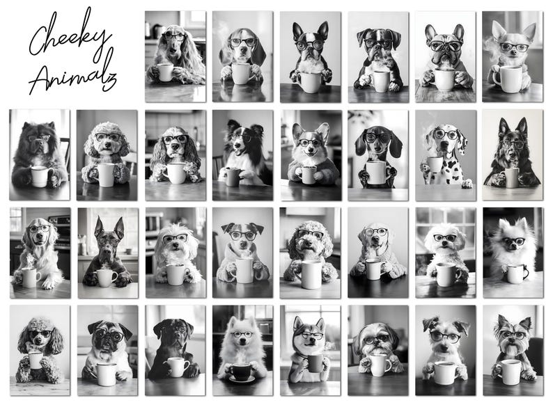 May include: A collage of 25 black and white photos of dogs wearing glasses and holding mugs. The title "Cheeky Animalz" is at the top of the collage.