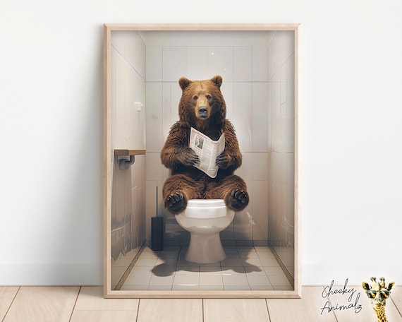 Funny Bear Bathroom Print: Animal on Toilet Wall Art (digital