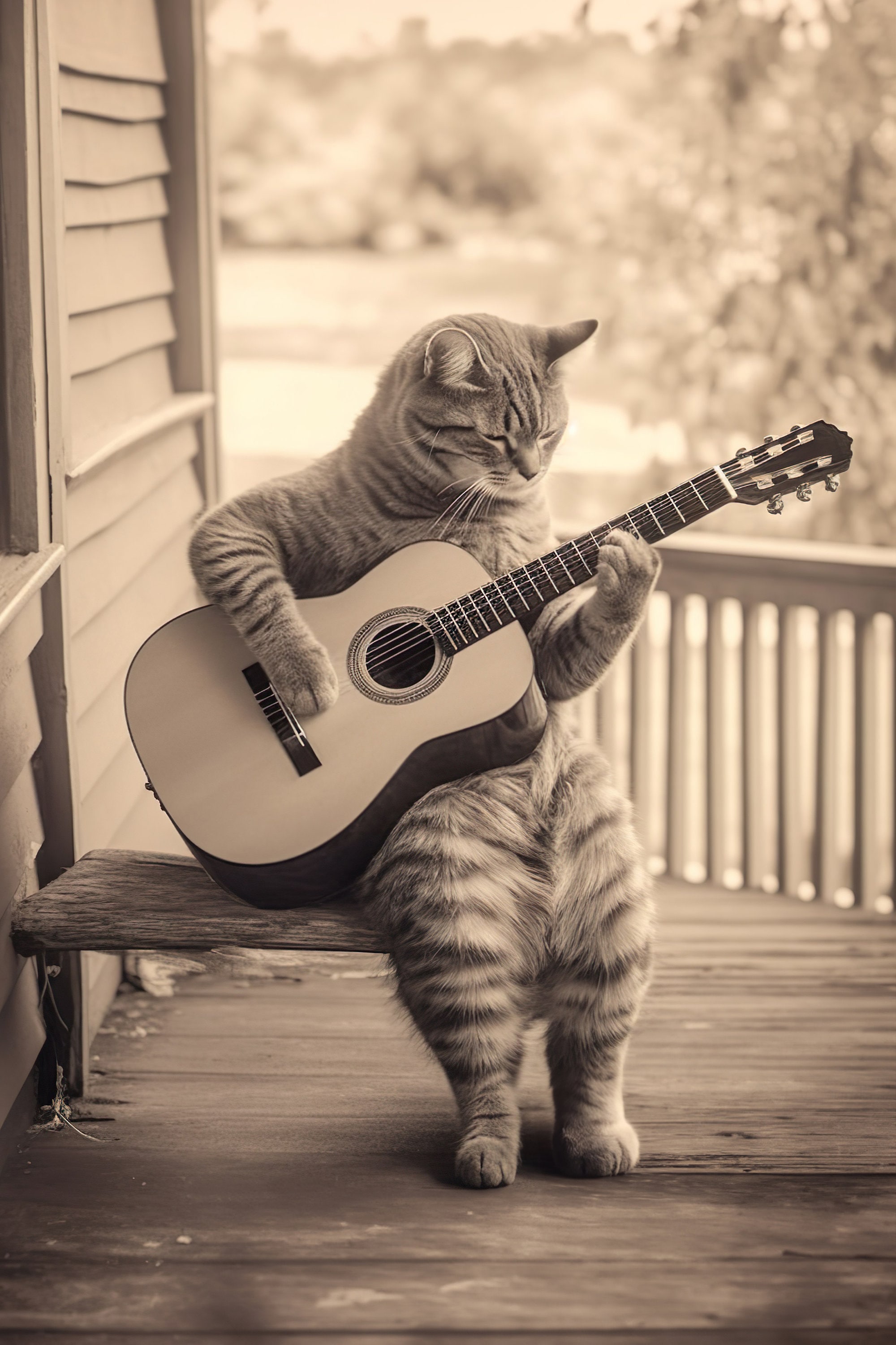 Funny Cat Playing Guitar Print: Vintage Animal Photograph (digital