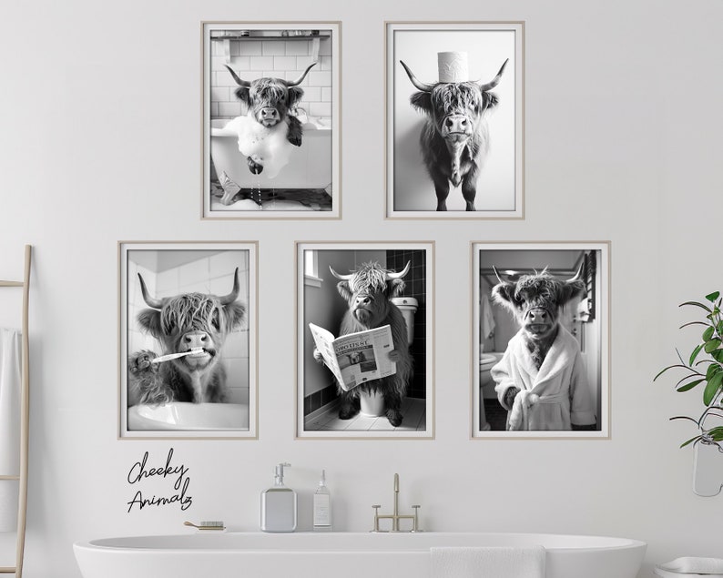 May include: Set of five black and white photographs featuring a Highland cow in various humorous situations, including taking a bath, reading a newspaper, and wearing a bathrobe. The photos are framed and arranged in a grid pattern on a white wall.