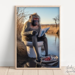 Mandrill Monkey Sitting on the Toilet Reading a Newspaper, Funny Bathroom Wall Art, Funny Monkey Print, Animal Photos, Printables, AI Art