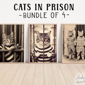 Katten in de gevangenis, bundel van 4, grappige vintage dierenprint, criminele kat in gestreept gevangenispak, retro kunst aan de muur, thuis printables, AI Art