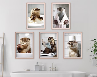 Zabawna grafika ścienna do łazienki z wydrą – zestaw 5 wydruków cyfrowych, plakat do pralni, zabawny humorystyczny wystrój ze zwierzętami, uroczy zestaw z wydrą do pokoju dziecięcego
