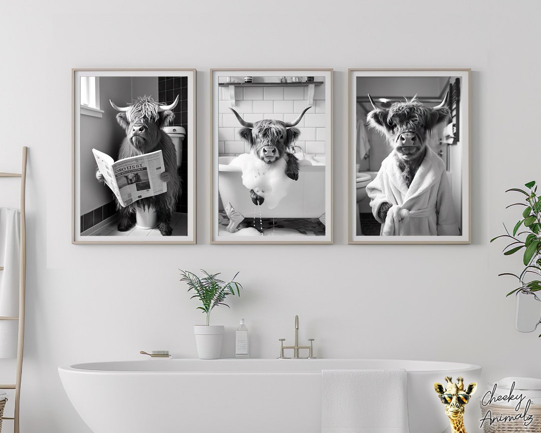 Stampe Artistiche Da Parete Con Mucca Delle Highland – Set Di 4 Poster 20x25 Cm – Illustrazione Umoristica Vintage Per Bagno E Cucina – Arredamento Fatto A Mano (Senza Cornice) - 3