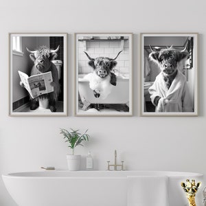 Highland Cow Bathroom Wall Art Bundle of 3, Funny Bathroom Prints, Cow in Bathrobe, Cow Taking a Bath, Cow on Toilet, Home Printable, AI Art