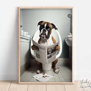 Boxer Dog Sitting on the Toilet Reading a Newspaper, Funny Bathroom Wall Art, Funny Dog Photo, Animal Prints, Home Printable, AI Digital Art