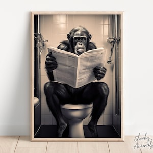 Bonobo Ape Sitting on the Toilet Reading a Newspaper, Funny Bathroom Wall Art, Funny Monkey Print, Funny Animal Photo, Printables, AI Art