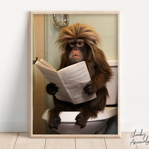 Tamarin Monkey Sitting on the Toilet Reading a Newspaper, Funny Bathroom Wall Art, Funny Monkey Print, Animal Photo, Printables, AI Art