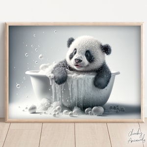 Cute Baby Panda Bear in the Bathtub, Funny Animal Wall Art, Bathroom Wall Print, Panda Art Photo, Printable Home Decor, AI Digital Prints