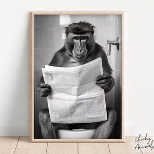 Mandrill Monkey Sitting on the Toilet Reading a Newspaper, Funny Bathroom Wall Art, Funny Monkey Print, Animal Photos, Printables, AI Art
