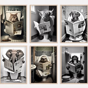 Animais sentados no vaso sanitário lendo um jornal, pacote com 9, decoração engraçada de parede para banheiro, impressões de humor animal, imprimíveis para casa, criado por IA