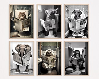 Animals Sitting on the Toilet Reading a Newspaper, Bundle of 9, Funny Bathroom Wall Decor, Animal Humor Prints, Home Printables, AI Created
