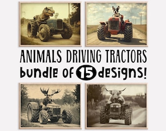 Funny Animal Tractor Prints: Vintage Farmhouse Decor (Bundle of 15) (Digital Download)