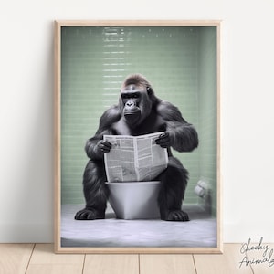 Gorilla Sitting on the Toilet Reading a Newspaper, Funny Bathroom Wall Decor, Funny & Quirky Animal Print, Home Printables, AI Digital Art