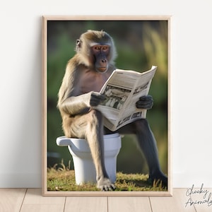 Mandrill Monkey Sitting on the Toilet Reading a Newspaper, Funny Bathroom Wall Art, Funny Monkey Print, Animal Photos, Printables, AI Art