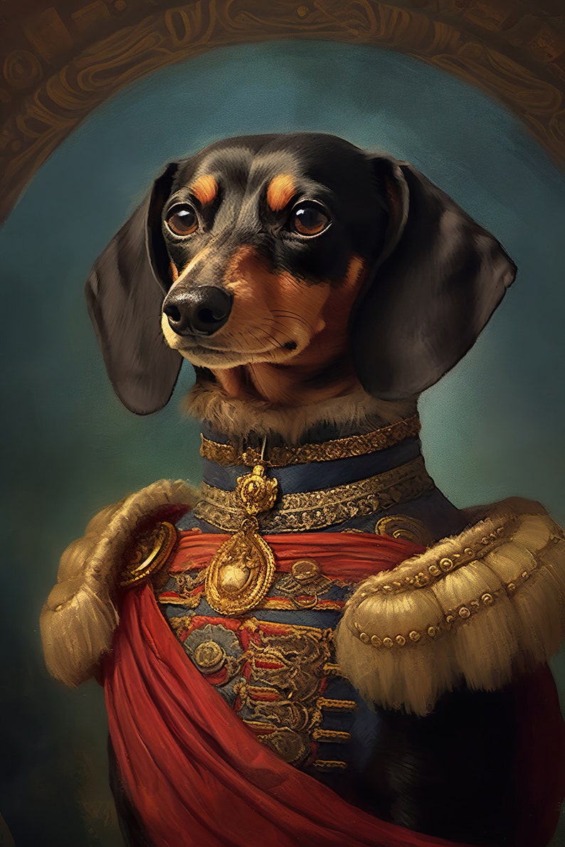 Aristocratic Dachshund, Funny Dog Wall Art, Renaissance Painting, Dog Portrait Print, Quirky Animal Art, Home Printables, AI Digital Art image 3