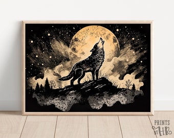 Wolf Howling at Moon Art Print: Stylish Animal Wall Decor (Digital Download)
