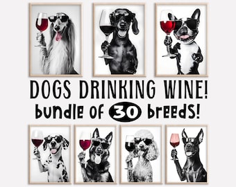 Dogs Drinking Wine Print: Funny Kitchen Wall Art (Bundle of 30) (Digital Download)