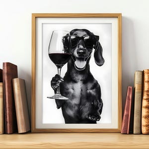 ◇DAKS◇ [MODERN DD] Wine DD logo cowhide business card wall Dachshund Dog Drinking Wine & Wearing Sunglasses, Poster or