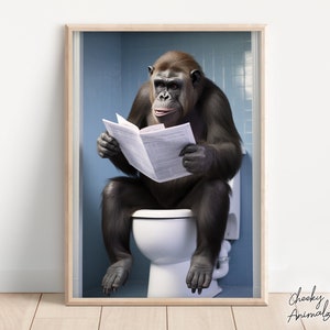 Bonobo Ape Sitting on the Toilet Reading a Newspaper, Funny Bathroom Wall Art, Funny Monkey Print, Funny Animal Photo, Printables, AI Art
