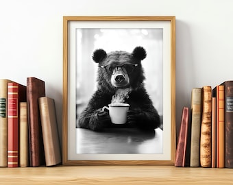 Bear Drinking Coffee & Wearing Glasses, Funny Kitchen Wall Art, Vintage Style Retro Art, Coffee Shop Decor, Coffee Lovers, Printable AI Art