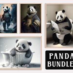 Funny Panda Bundle, Funny Animal Wall Art, Astronaut Space Panda, Aristocratic Panda, Panda on Toilet, Cute Panda in Bath, Printable, AI Art