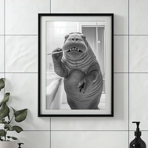 Walrus Brushing Teeth, Funny Bathroom Wall Art, Cute Laundry Room Decor, Animals in Bathroom, Retro Walrus Humor Print, Printable AI Art