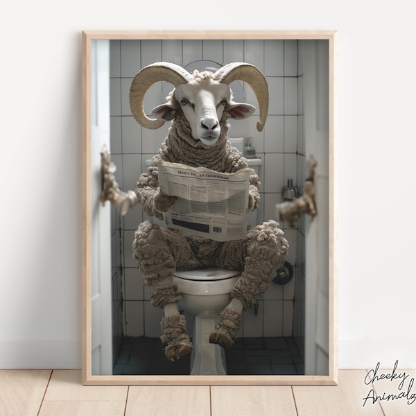 Ram Sitting on the Toilet Reading a Newspaper, Funny Bathroom Humor, Bighorn Sheep, Funny Animal Print, Home Printables, AI Digital Print